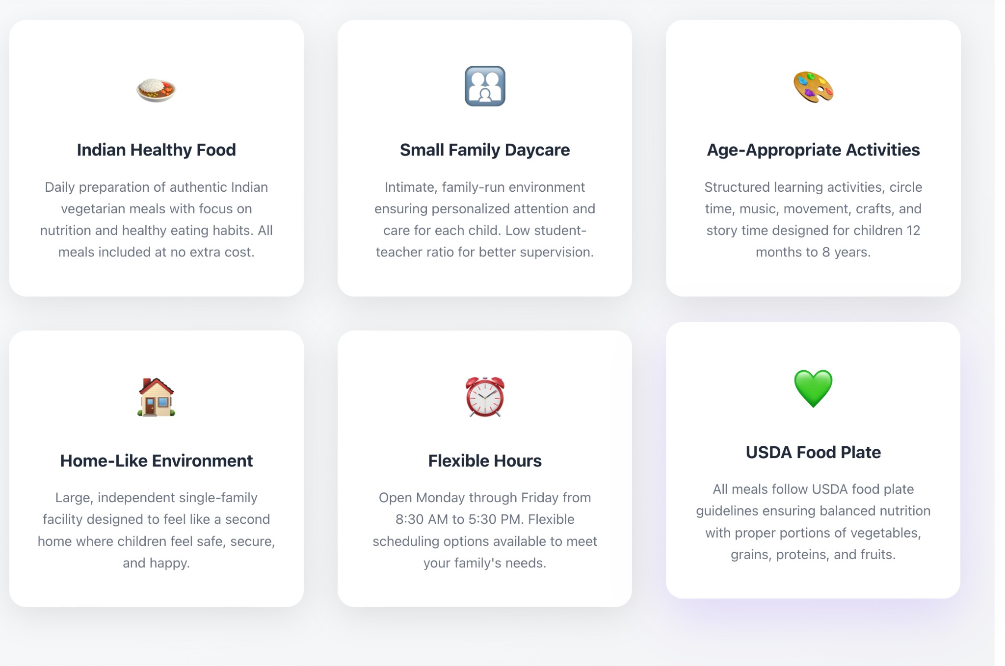 Devi Daycare Features - Indian Healthy Food, Small Family Daycare, Age-Appropriate Activities, Home-Like Environment, Flexible Hours, USDA Food Plate